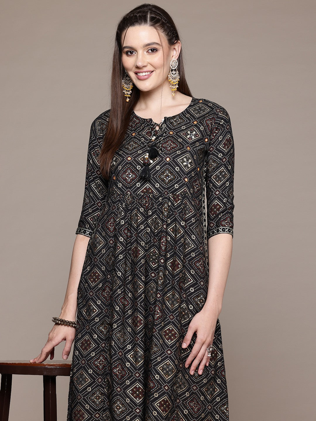 Flared Style Silk Fabric Black Color Kurta With Bottom
