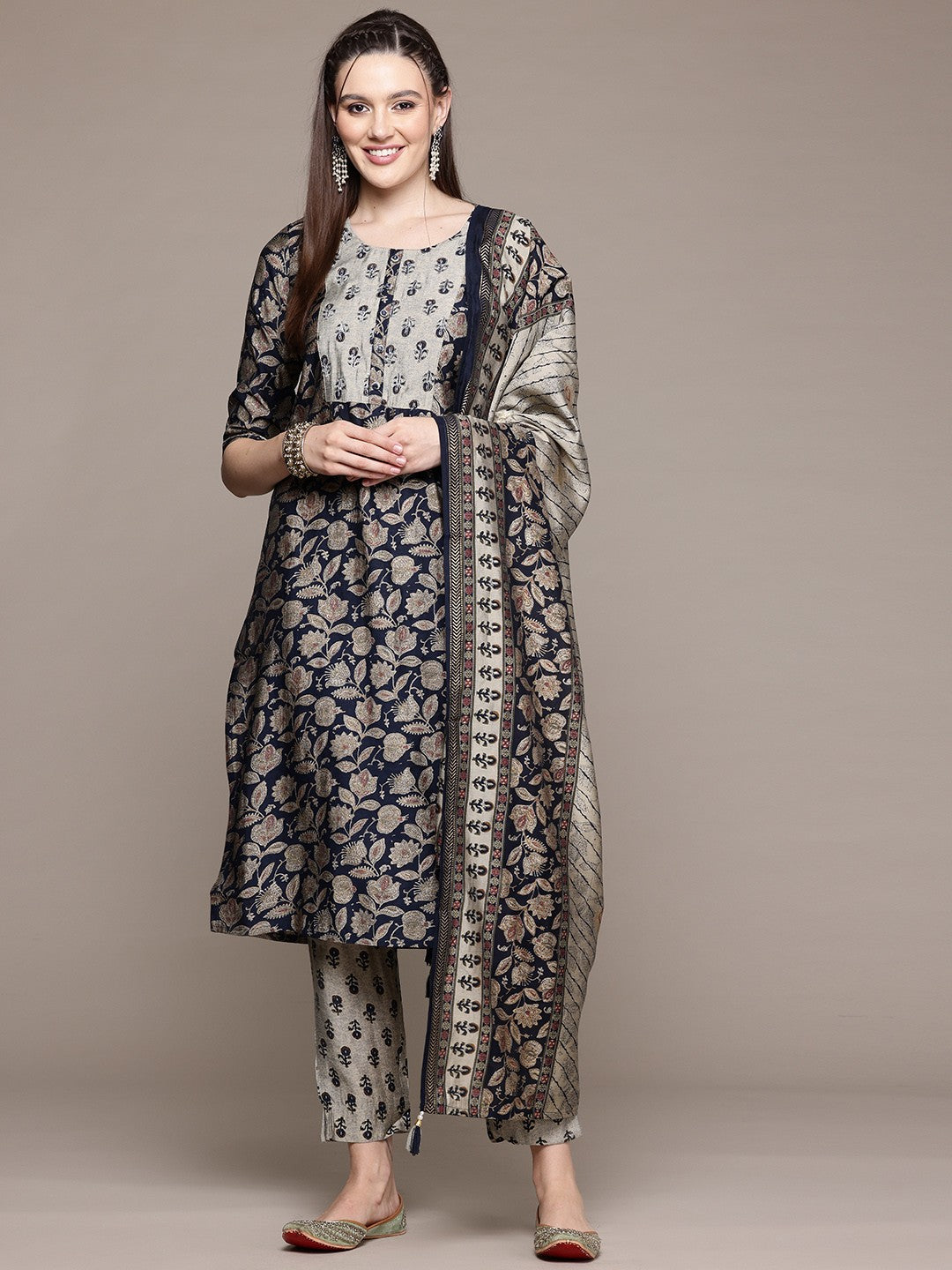 Straight Style Silk Fabric Black Color Kurta With Bottom And Dupatta
