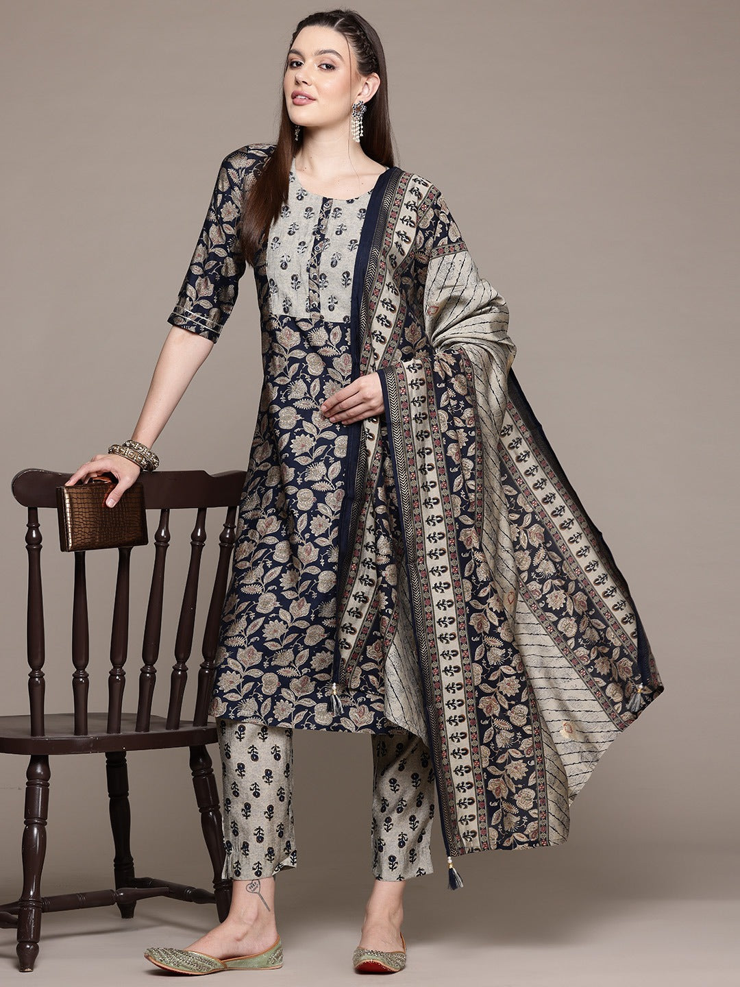 Straight Style Silk Fabric Black Color Kurta With Bottom And Dupatta