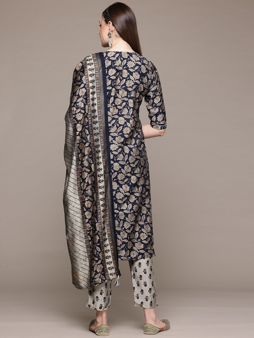 Straight Style Silk Fabric Black Color Kurta With Bottom And Dupatta