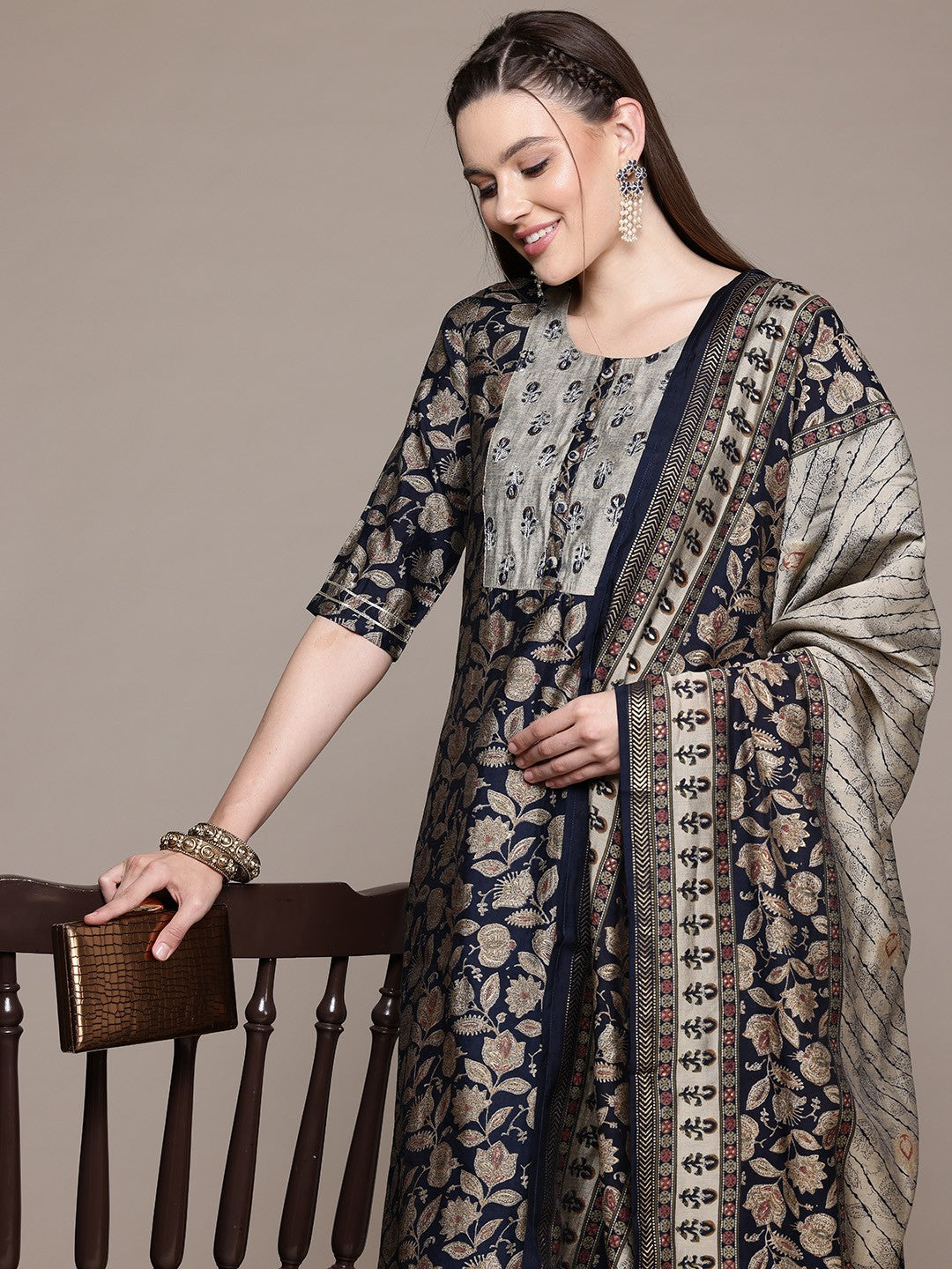 Straight Style Silk Fabric Black Color Kurta With Bottom And Dupatta