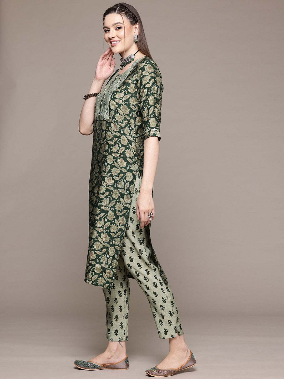 Straight Style Silk Fabric Green Color Kurta With Bottom And Dupatta