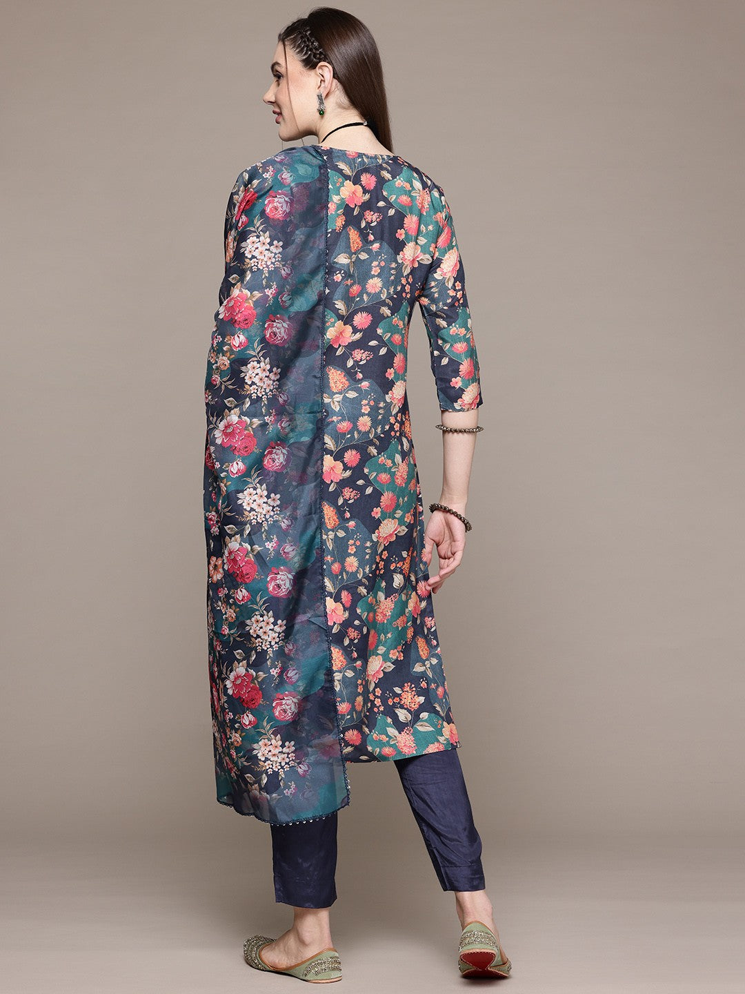 Straight Style Silk Fabric Navy Blue Color Kurta With Bottom And Dupatta