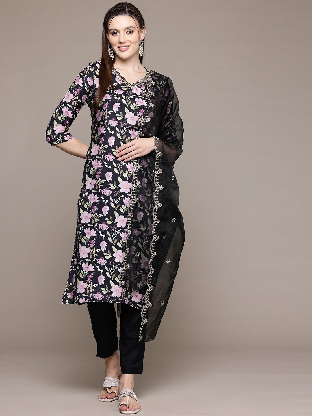 Straight Style Silk Fabric Black Color Kurta With Bottom And Dupatta