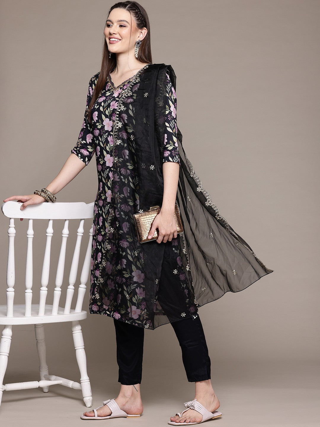 Straight Style Silk Fabric Black Color Kurta With Bottom And Dupatta