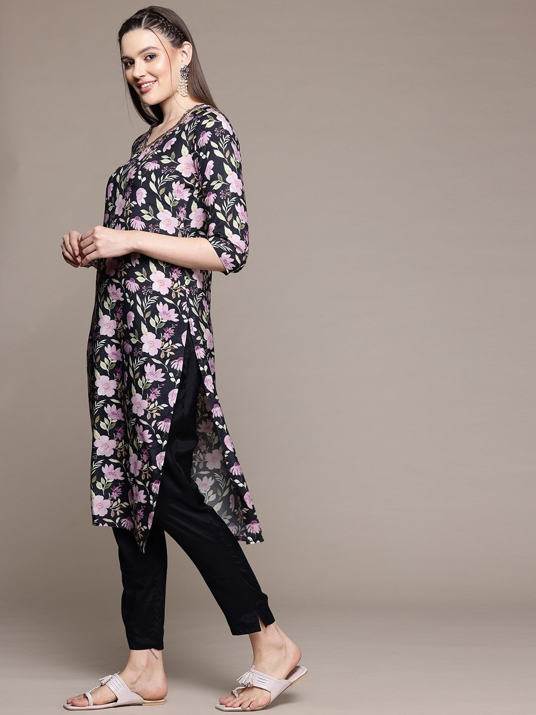Straight Style Silk Fabric Black Color Kurta With Bottom And Dupatta