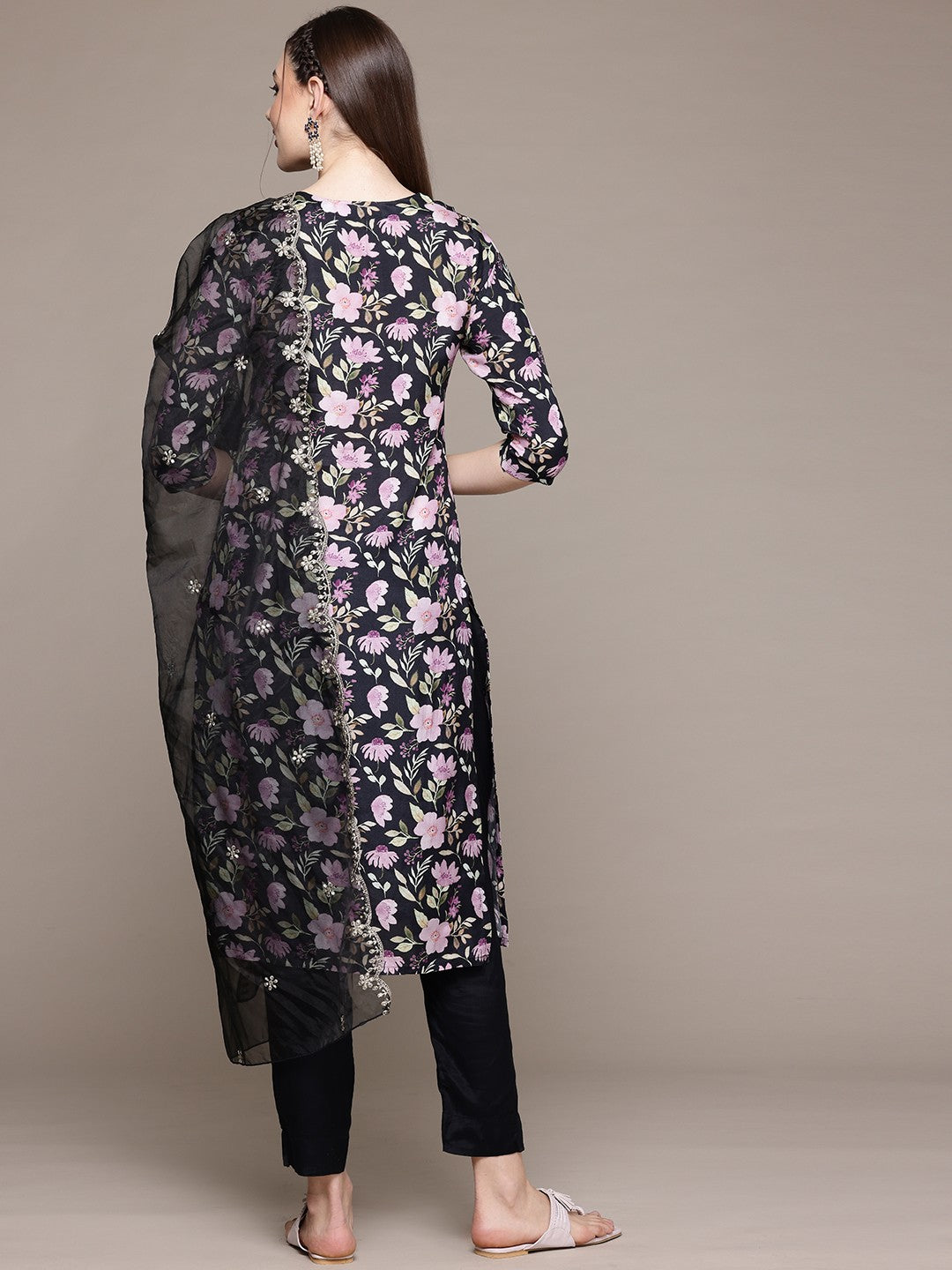 Straight Style Silk Fabric Black Color Kurta With Bottom And Dupatta