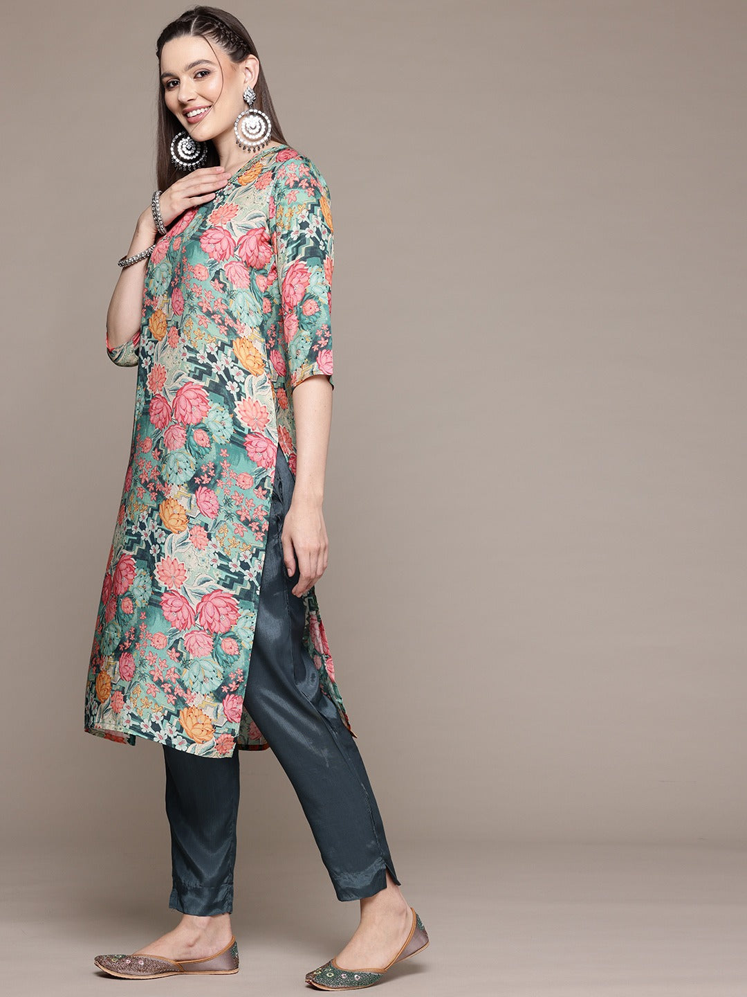 Straight Style Silk Fabric Green Color Kurta With Bottom And Dupatta