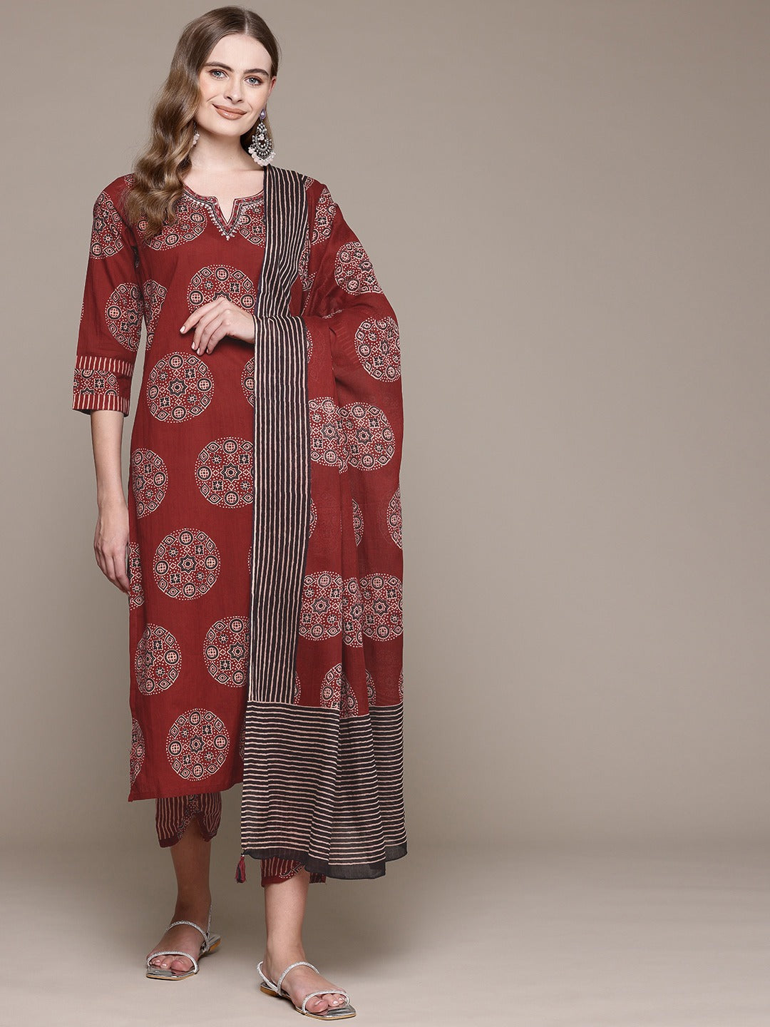 Straight Style Cotton Fabric Maroon Color Kurta With Bottom And Dupatta