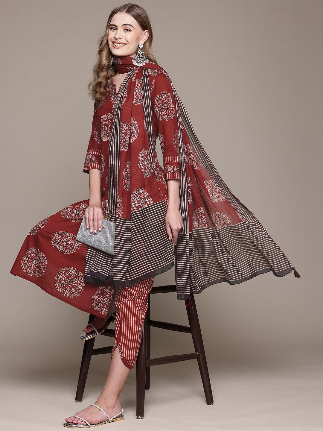 Straight Style Cotton Fabric Maroon Color Kurta With Bottom And Dupatta