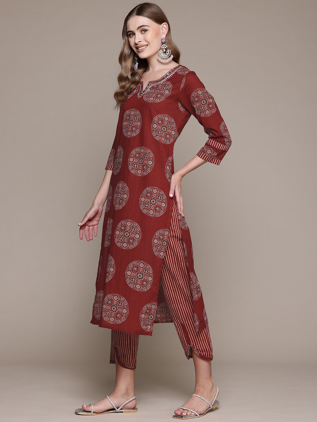 Straight Style Cotton Fabric Maroon Color Kurta With Bottom And Dupatta