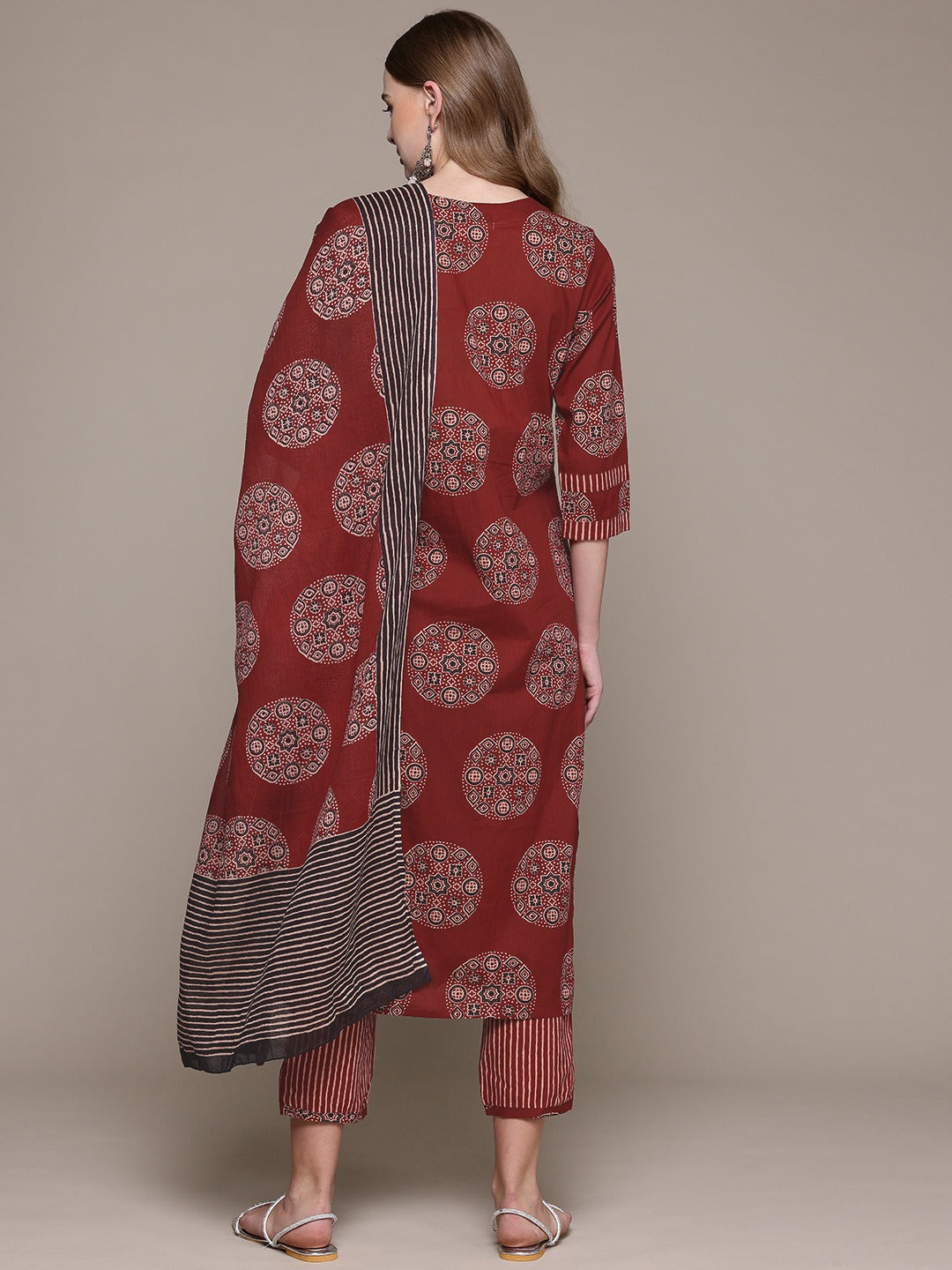 Straight Style Cotton Fabric Maroon Color Kurta With Bottom And Dupatta