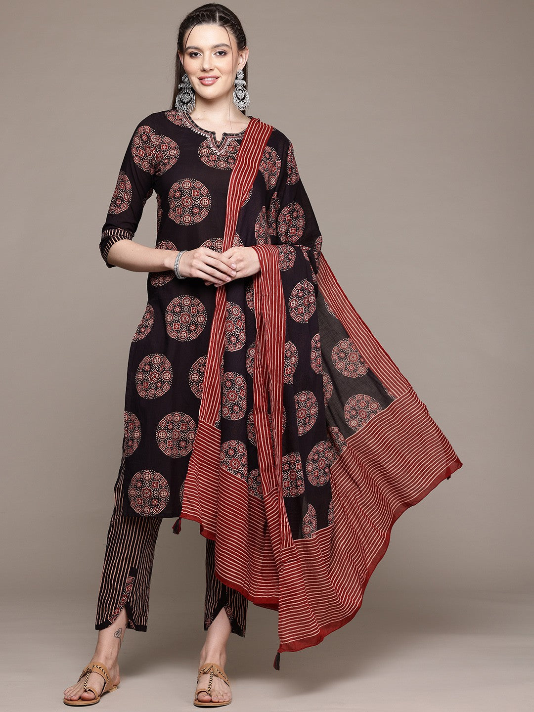 Straight Style Cotton Fabric Black Color Kurta With Bottom And Dupatta