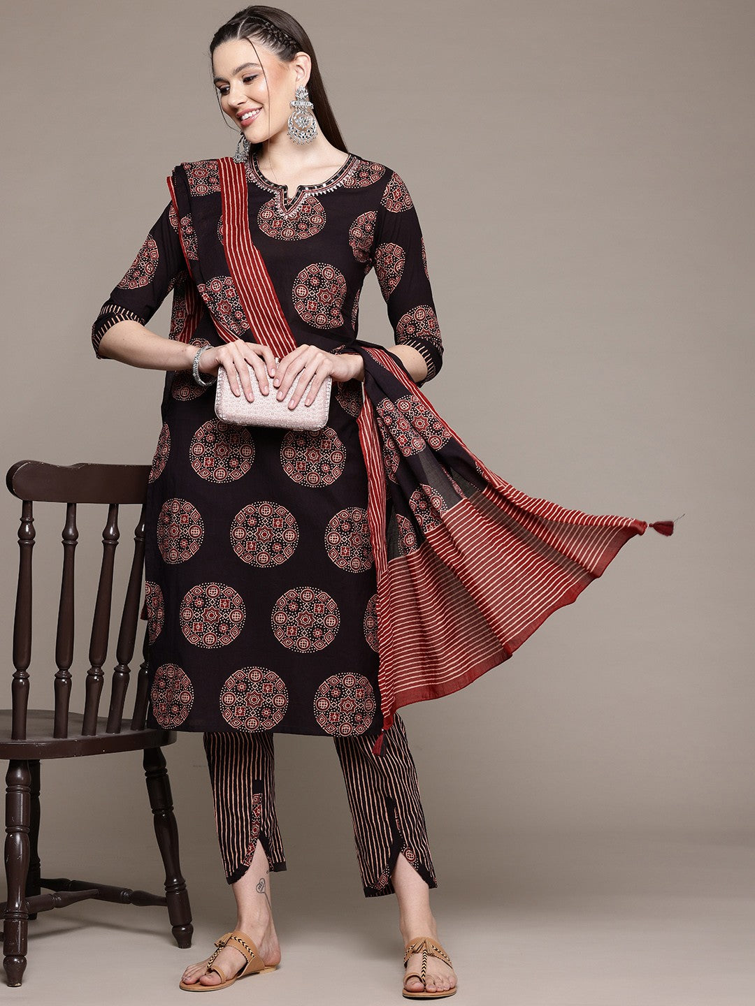 Straight Style Cotton Fabric Black Color Kurta With Bottom And Dupatta