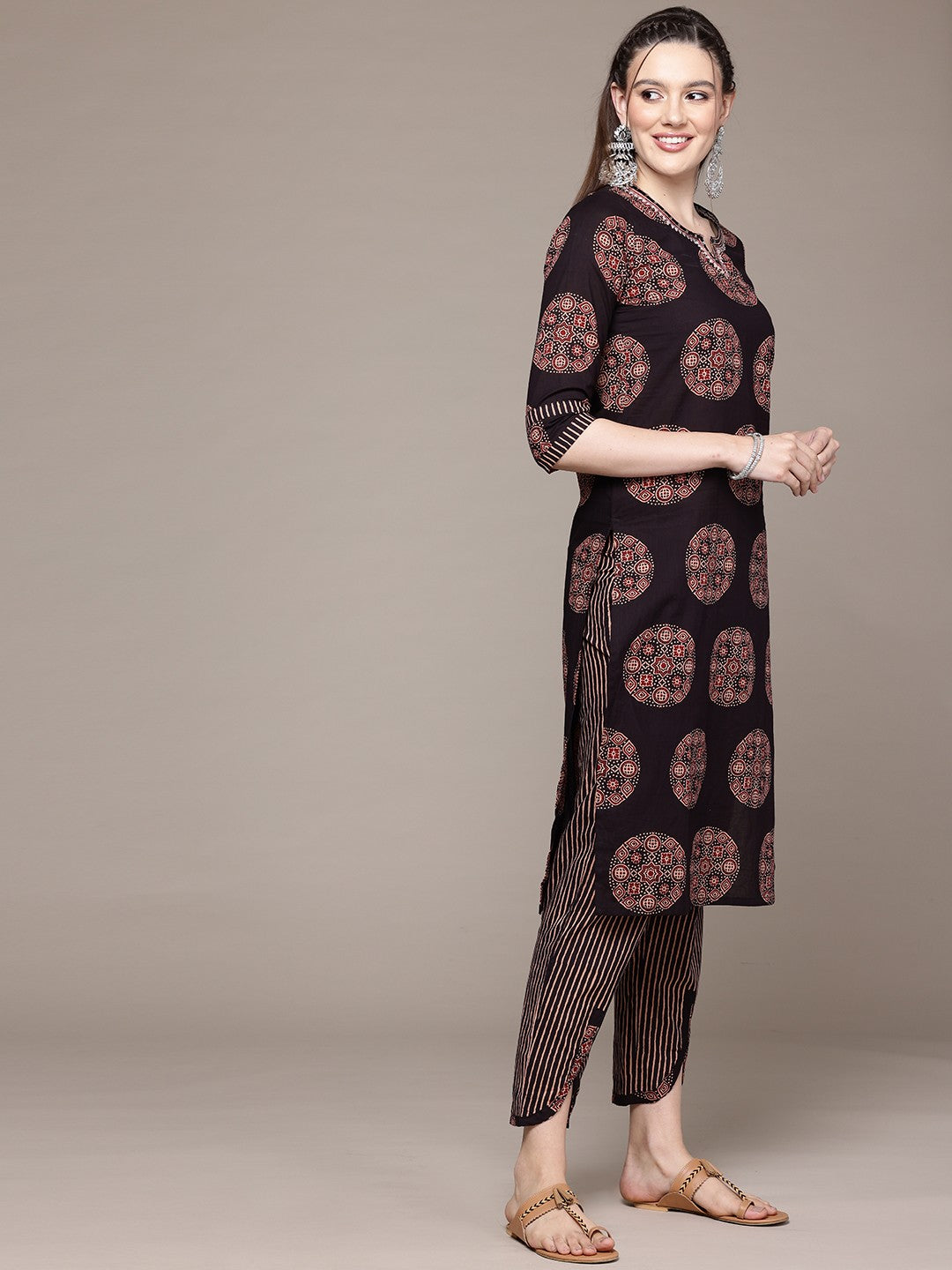 Straight Style Cotton Fabric Black Color Kurta With Bottom And Dupatta