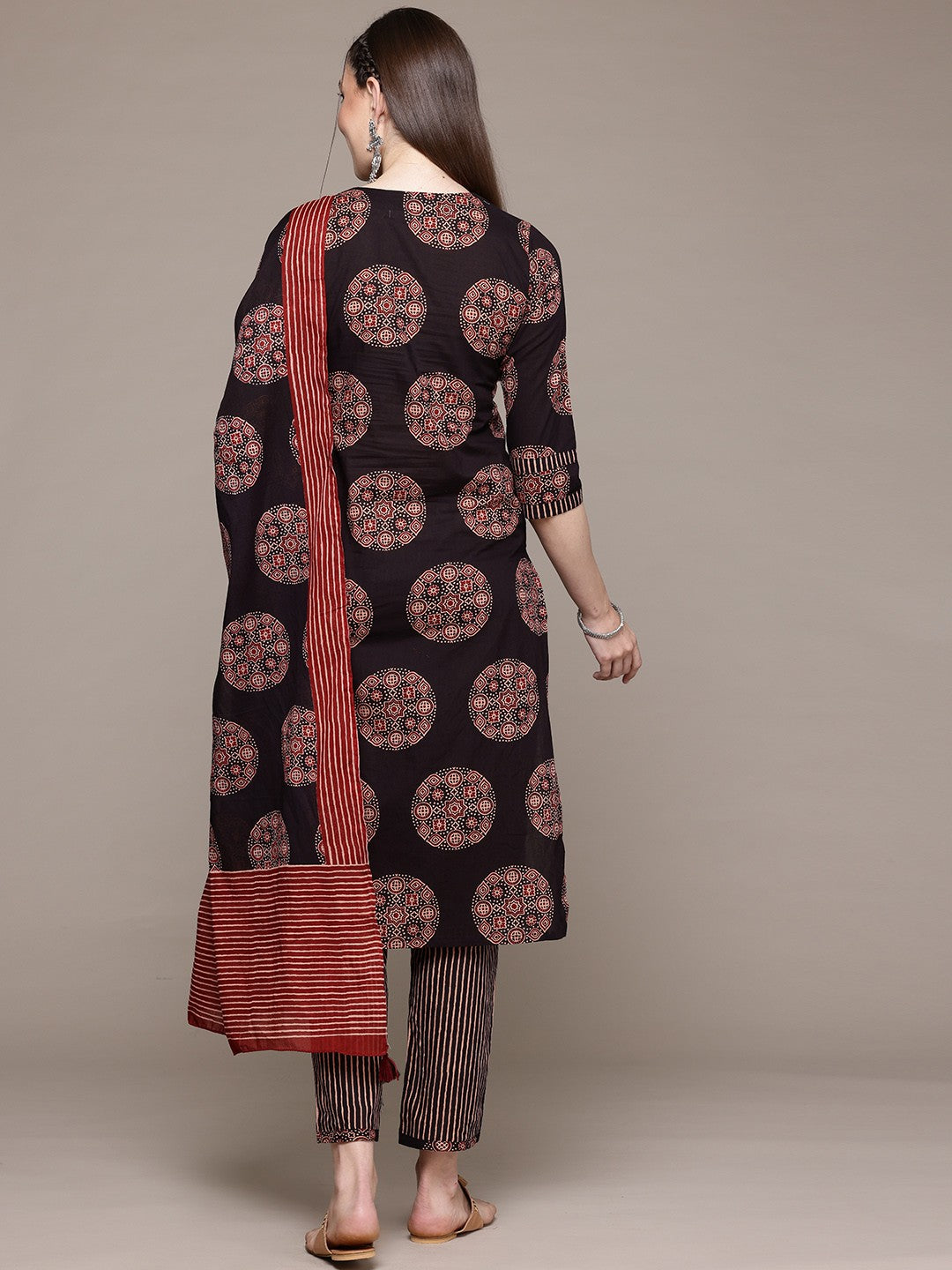 Straight Style Cotton Fabric Black Color Kurta With Bottom And Dupatta