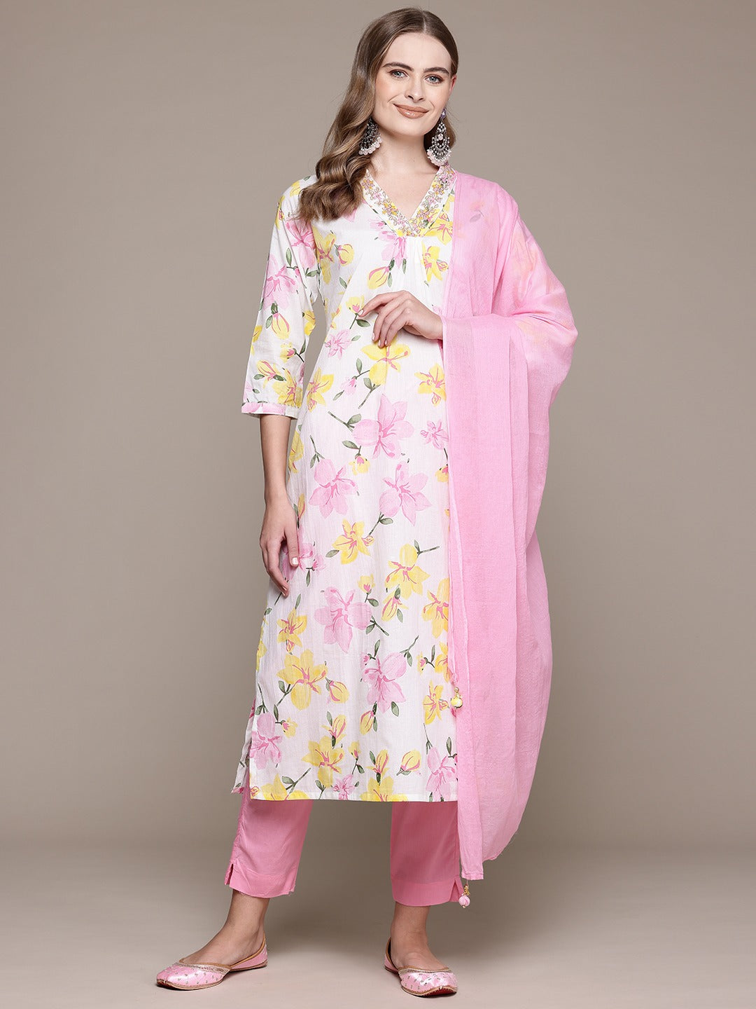 Straight Style Cotton Fabric Pink Color Kurta With Bottom And Dupatta