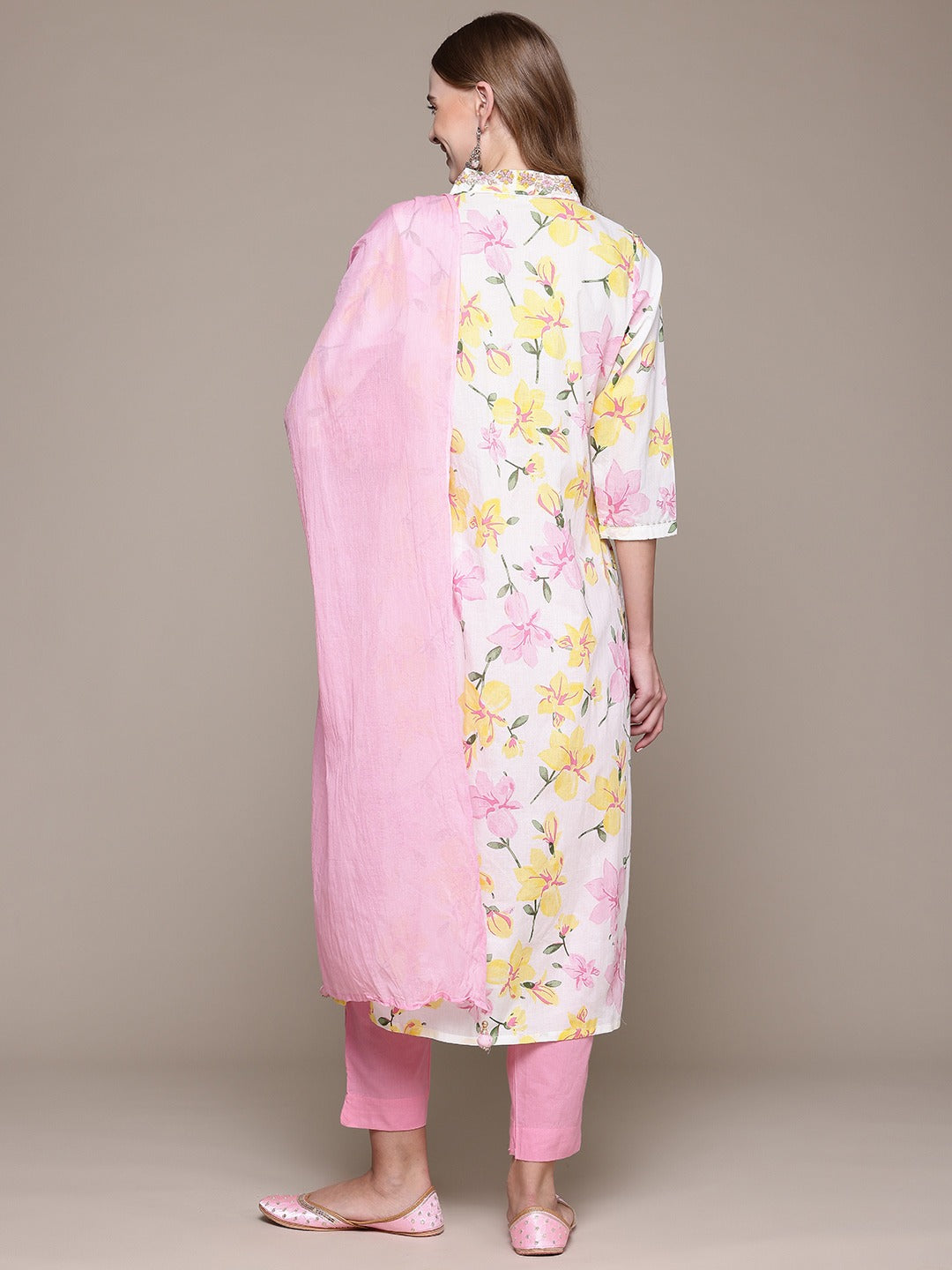 Straight Style Cotton Fabric Pink Color Kurta With Bottom And Dupatta