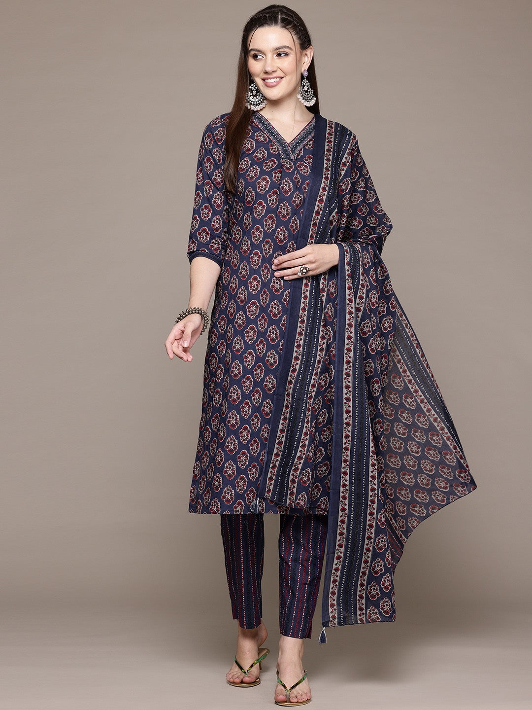 Straight Style Cotton Fabric Navy Blue Color Kurta With Bottom And Dupatta