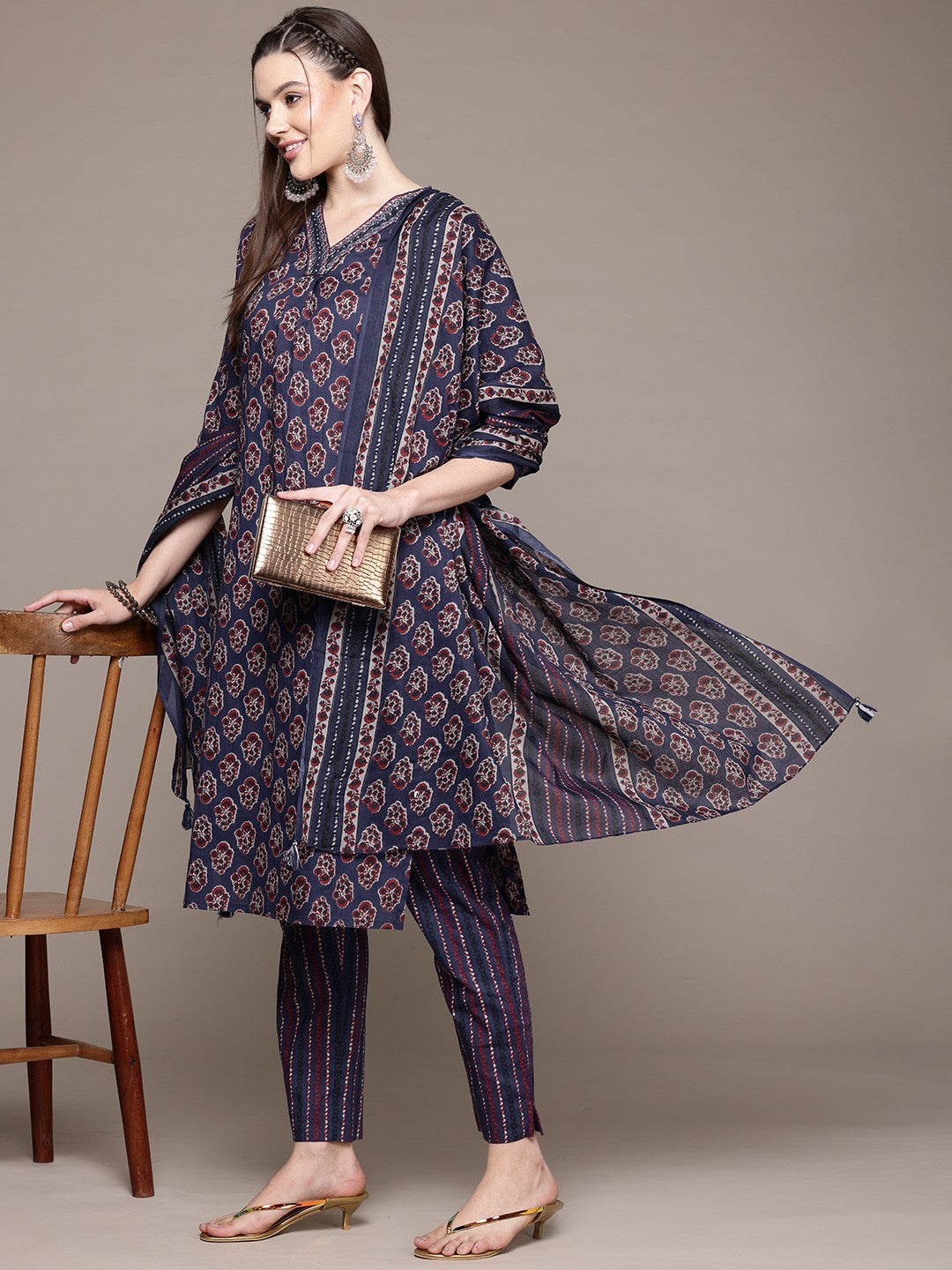 Straight Style Cotton Fabric Navy Blue Color Kurta With Bottom And Dupatta