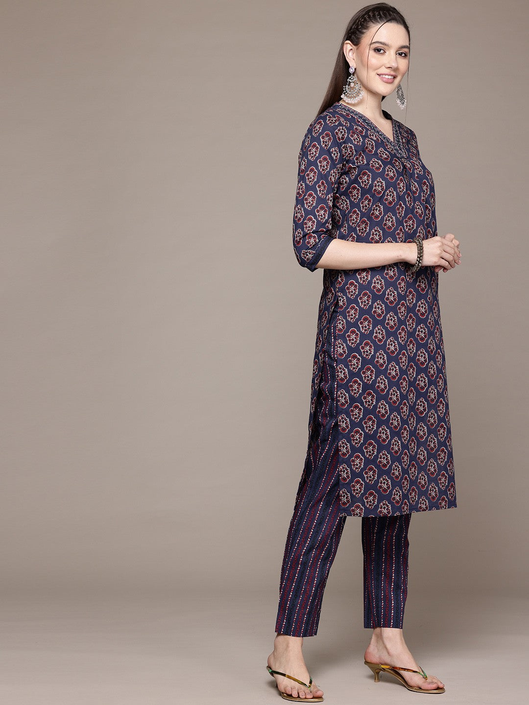 Straight Style Cotton Fabric Navy Blue Color Kurta With Bottom And Dupatta