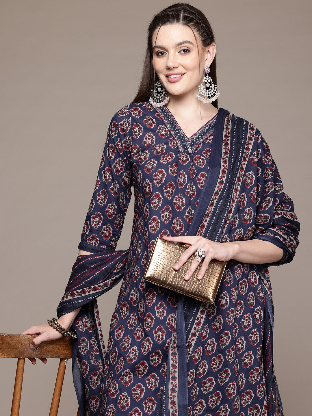 Straight Style Cotton Fabric Navy Blue Color Kurta With Bottom And Dupatta