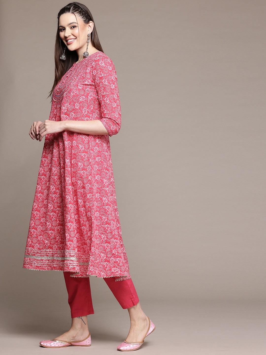 Anarkali Style Cotton Fabric Pink Color Kurta With Bottom And Dupatta