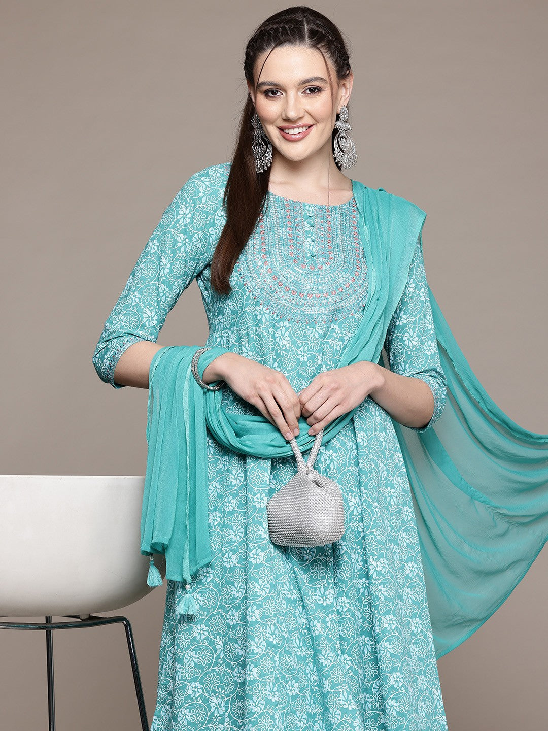 Anarkali Style Cotton Fabric Turquoise Blue Color Kurta With Bottom And Dupatta