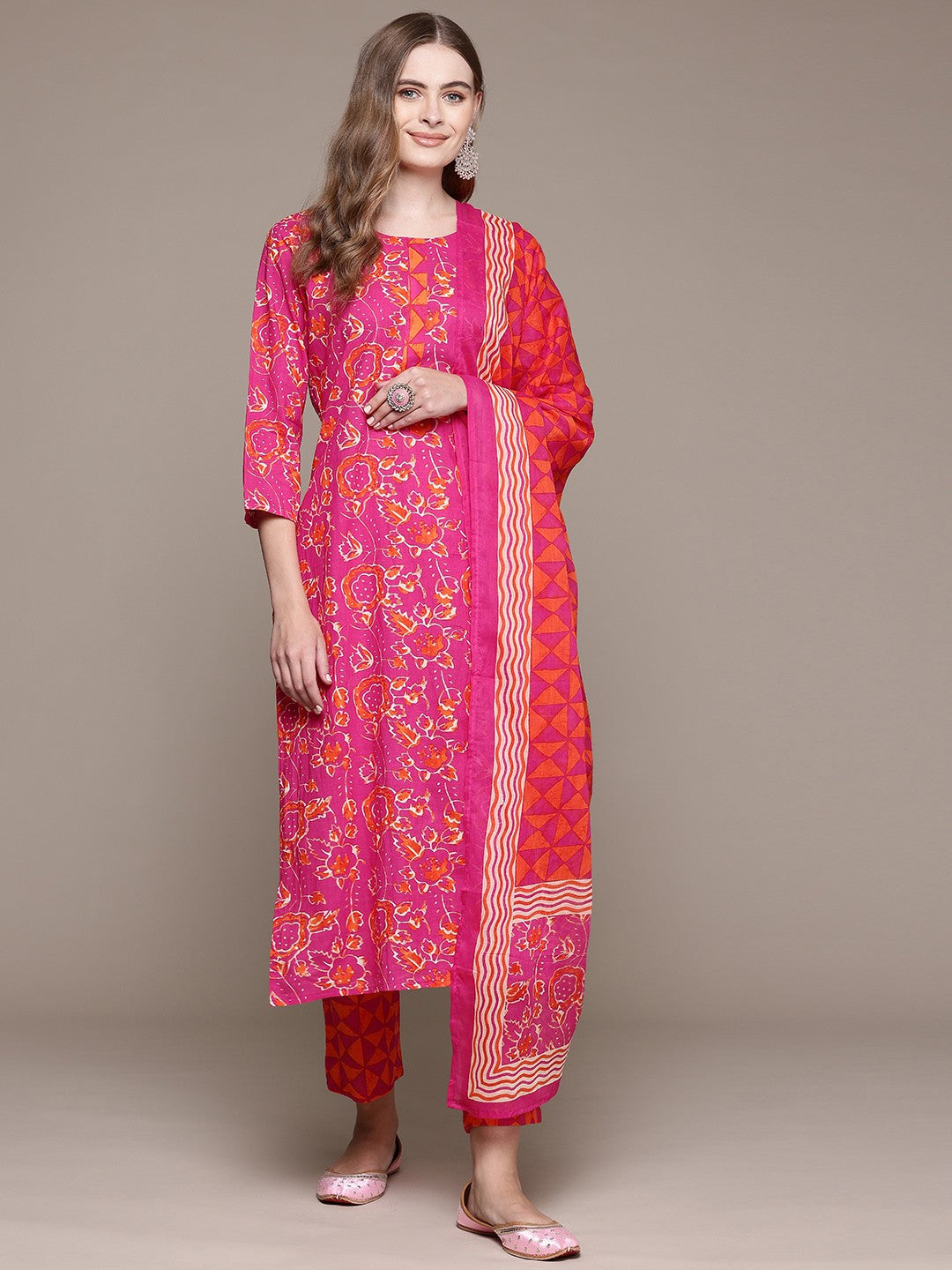 Straight Style Cotton Fabric Magenta Color Kurta With Bottom And Dupatta