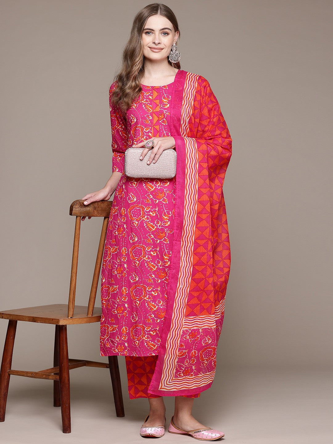 Straight Style Cotton Fabric Magenta Color Kurta With Bottom And Dupatta