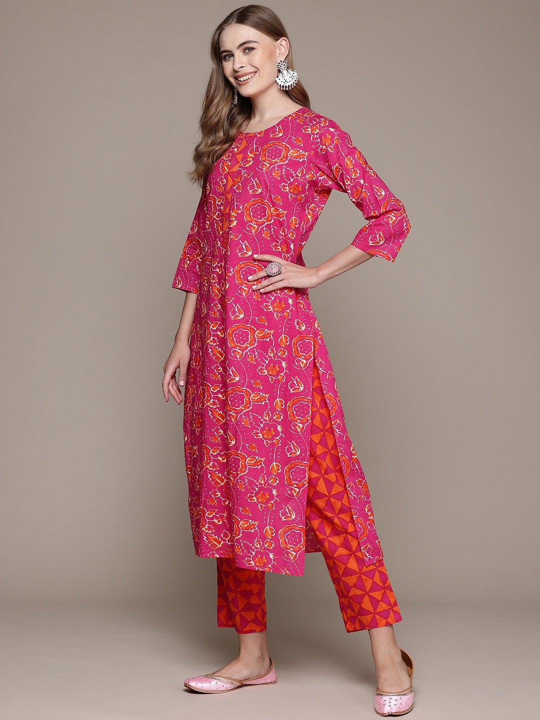 Straight Style Cotton Fabric Magenta Color Kurta With Bottom And Dupatta