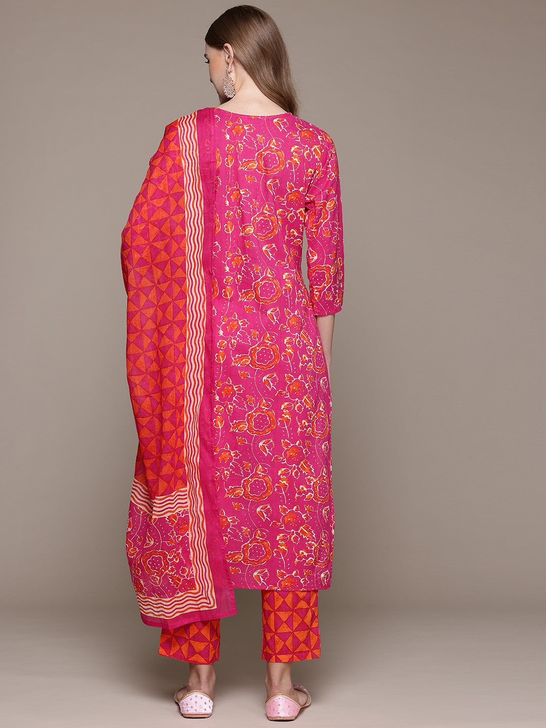 Straight Style Cotton Fabric Magenta Color Kurta With Bottom And Dupatta