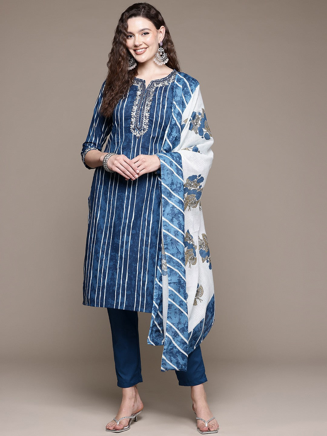 Straight Style Cotton Fabric Blue Color Kurta With Bottom And Dupatta
