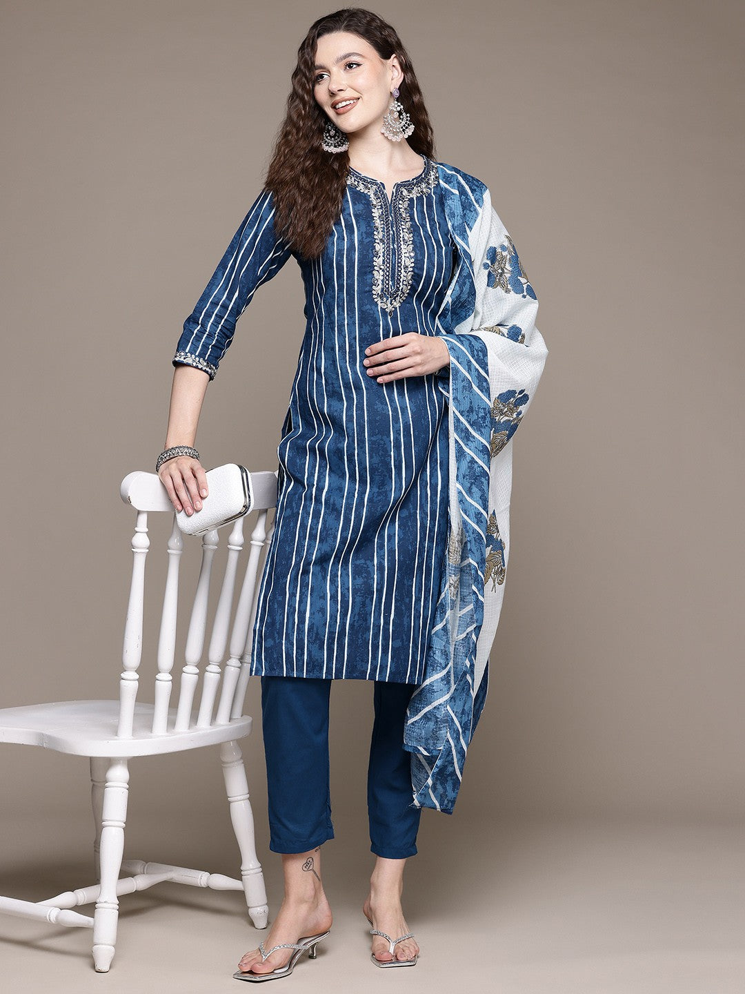 Straight Style Cotton Fabric Blue Color Kurta With Bottom And Dupatta