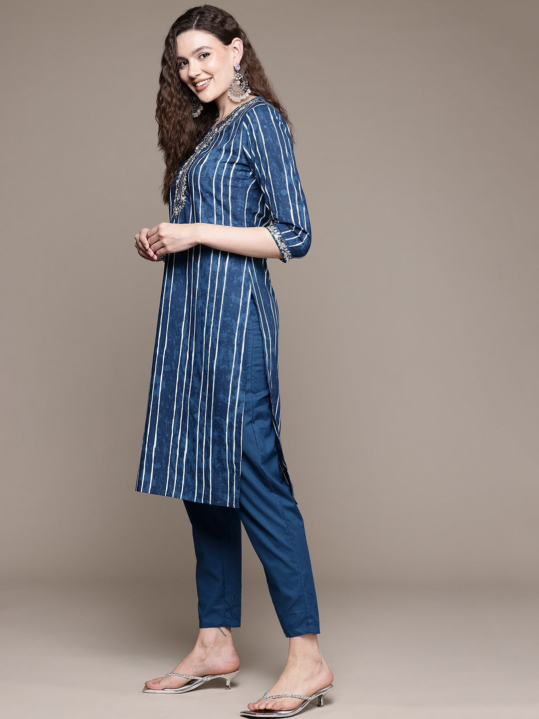 Straight Style Cotton Fabric Blue Color Kurta With Bottom And Dupatta