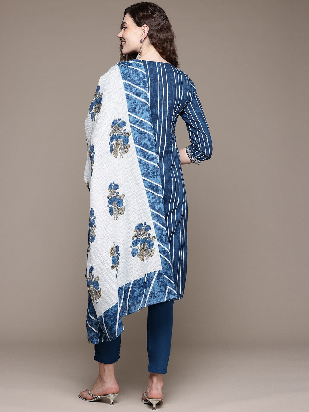 Straight Style Cotton Fabric Blue Color Kurta With Bottom And Dupatta