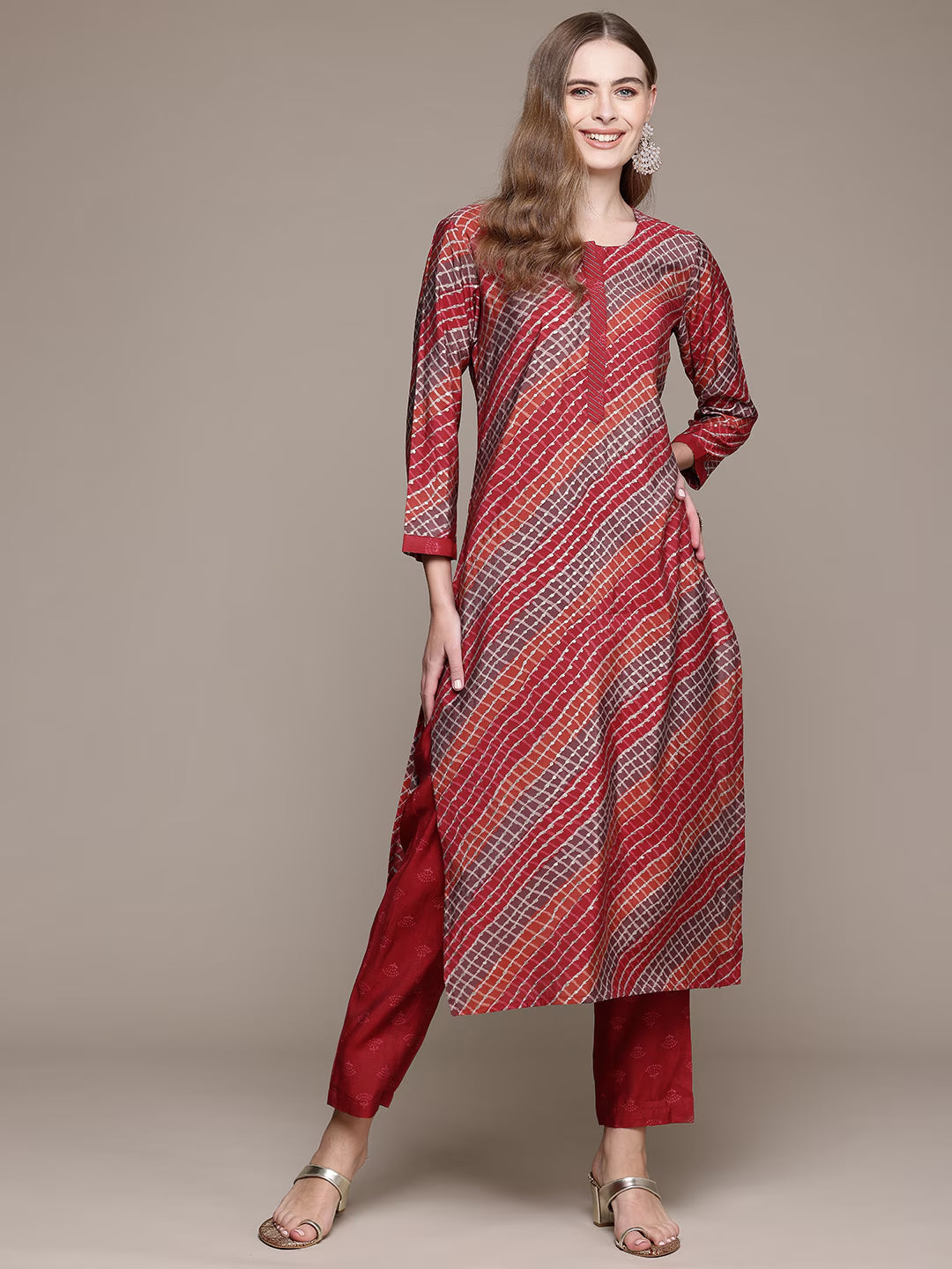 Straight Style Silk Fabric Red Color Kurta With Bottom