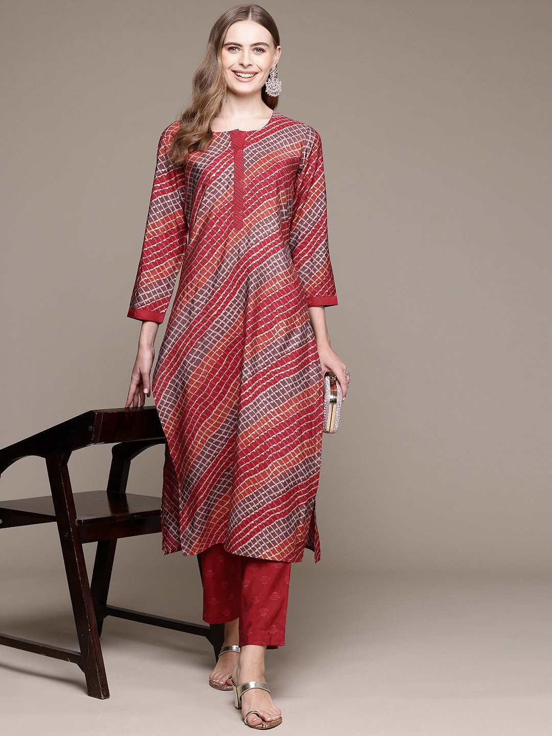 Straight Style Silk Fabric Red Color Kurta With Bottom