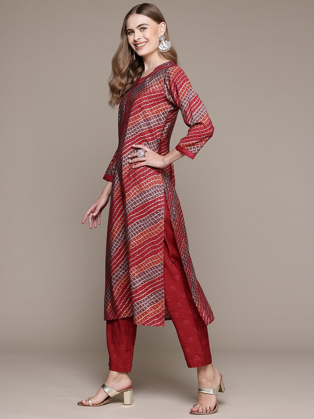 Straight Style Silk Fabric Red Color Kurta With Bottom