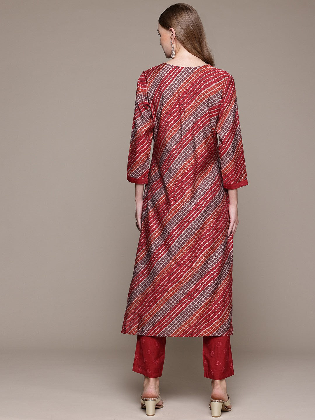Straight Style Silk Fabric Red Color Kurta With Bottom