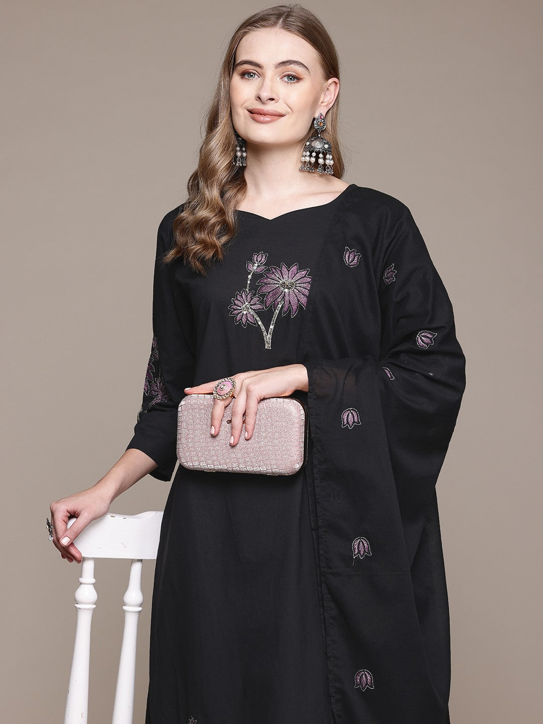 Straight Style Cotton Fabric Black Color Kurta With Bottom And Dupatta