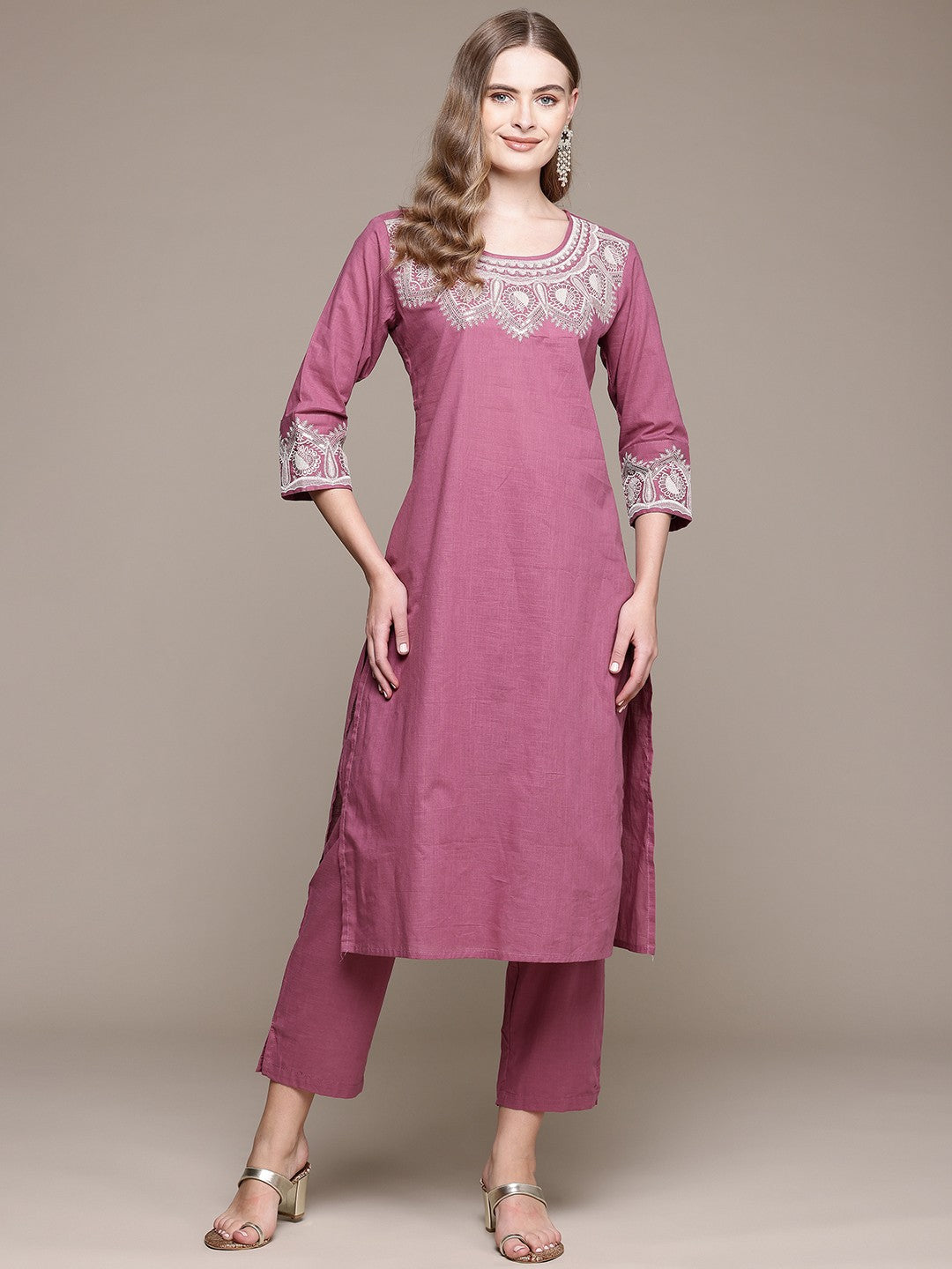 Straight Style Cotton Fabric Pink Color Kurta With Bottom