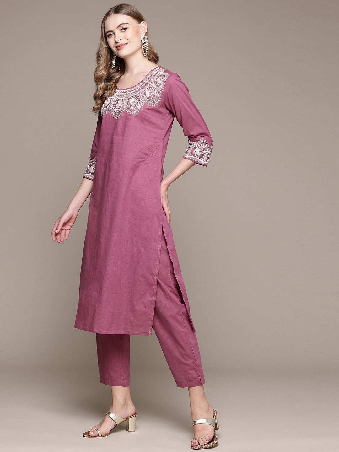 Straight Style Cotton Fabric Pink Color Kurta With Bottom