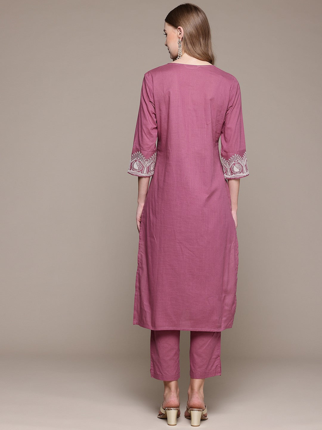 Straight Style Cotton Fabric Pink Color Kurta With Bottom