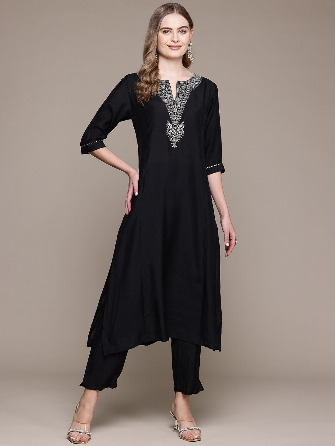 Straight Style Silk Fabric Black Color Kurta With Bottom