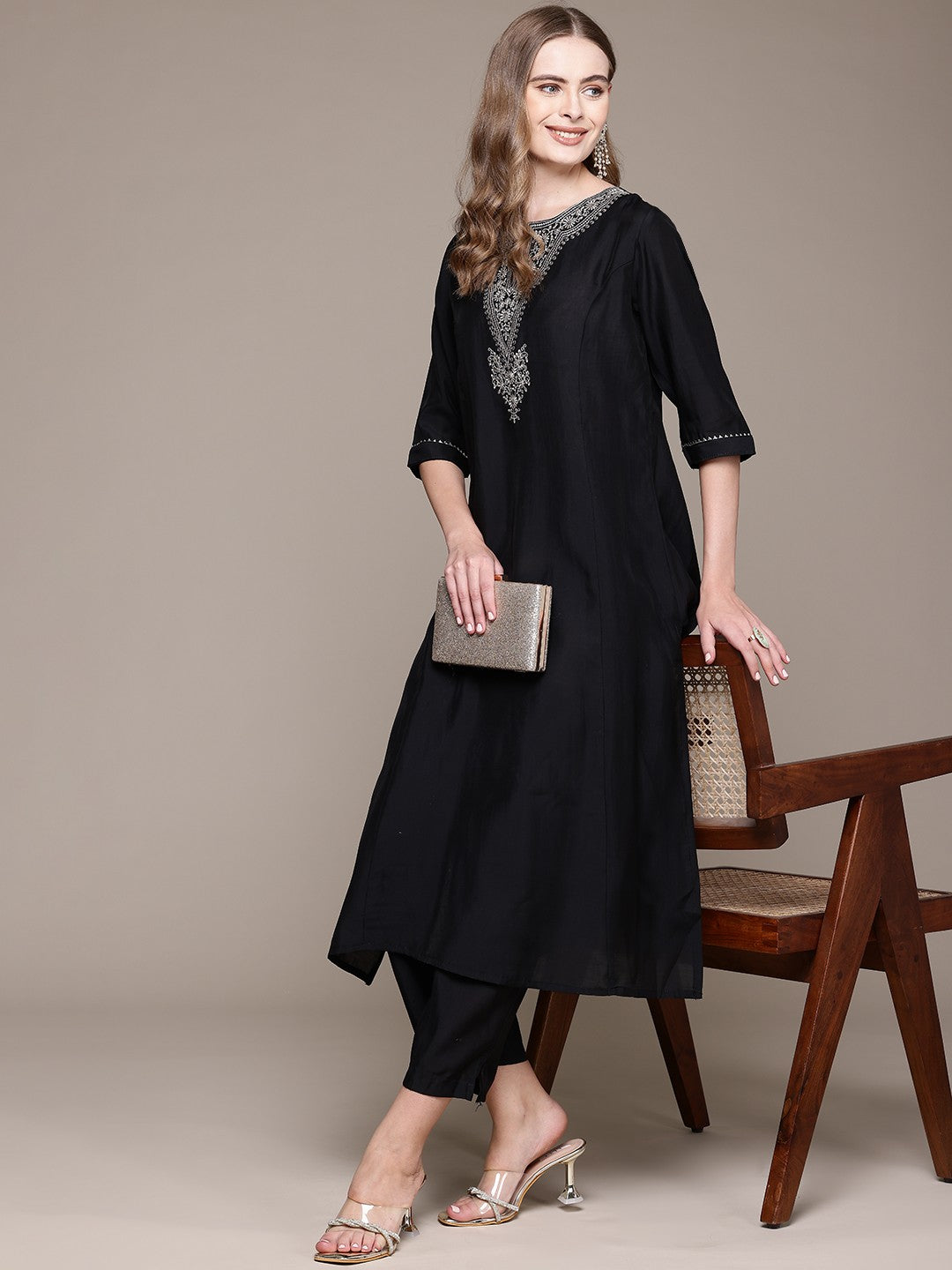 Straight Style Silk Fabric Black Color Kurta With Bottom