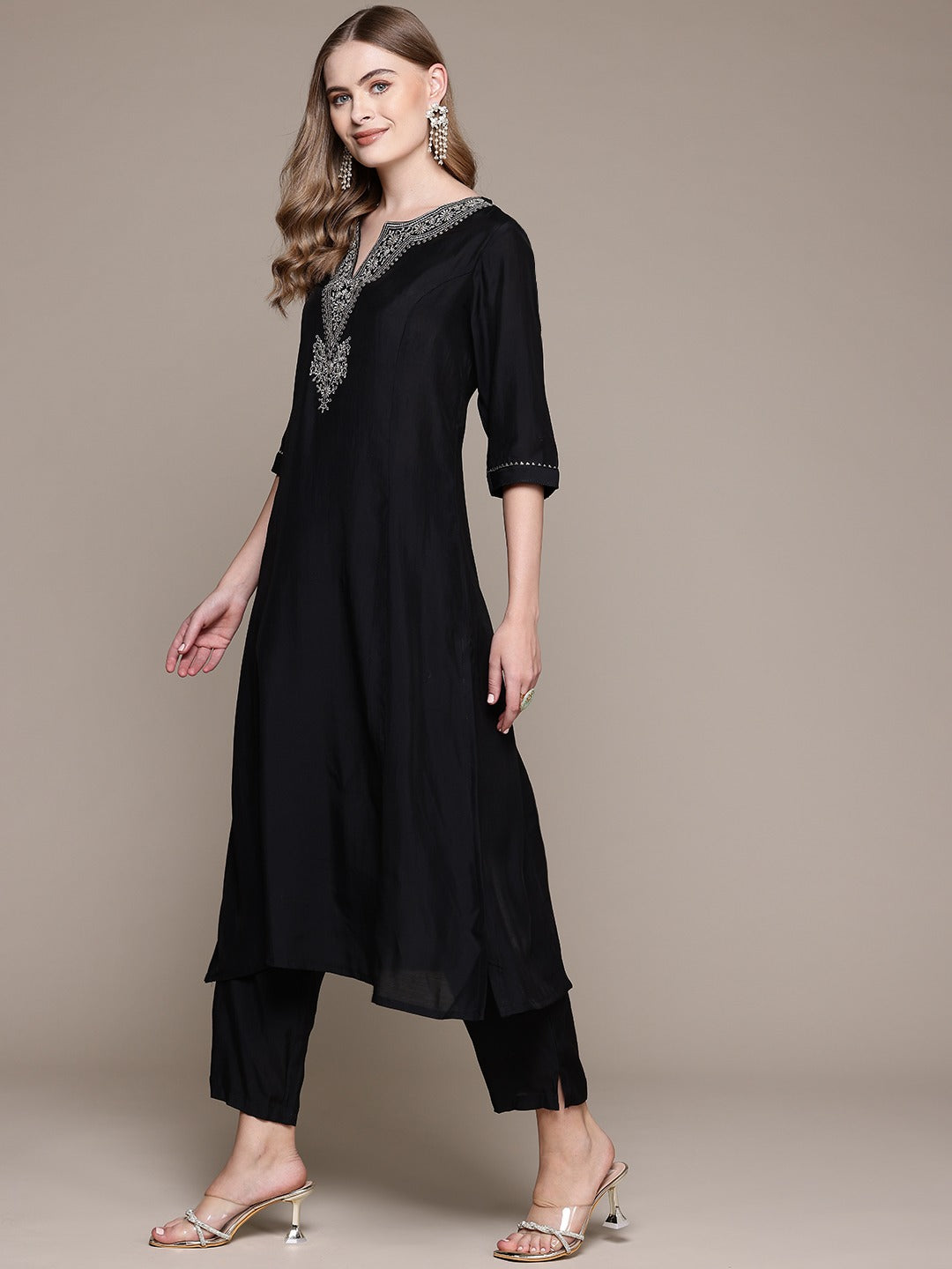 Straight Style Silk Fabric Black Color Kurta With Bottom