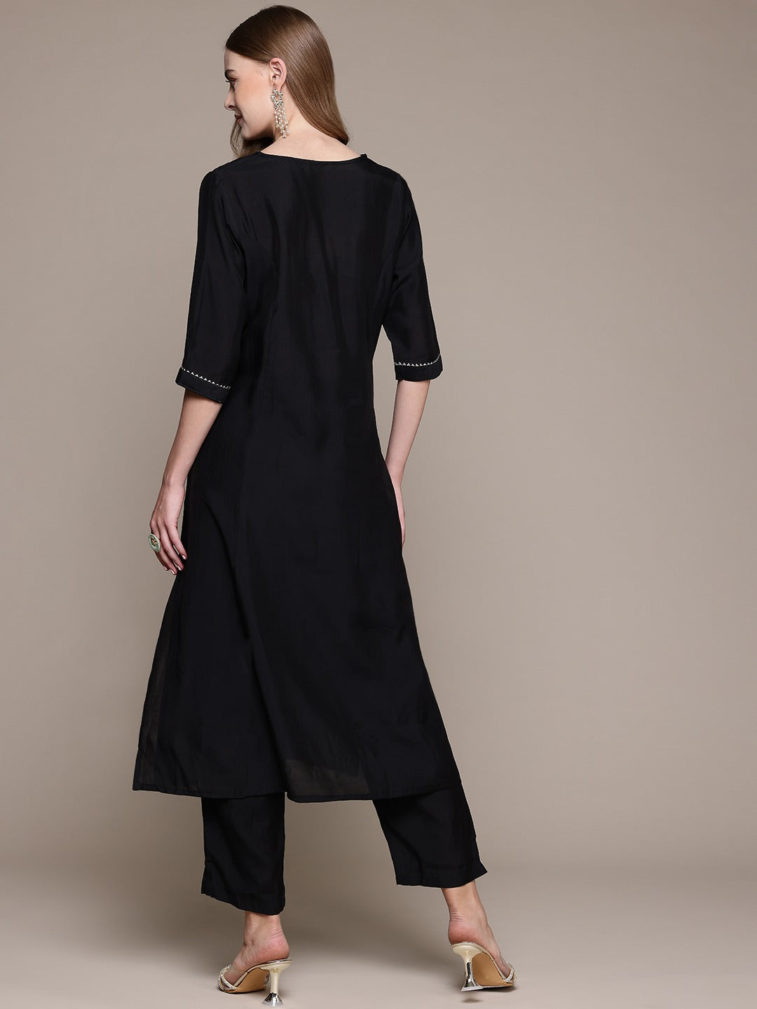 Straight Style Silk Fabric Black Color Kurta With Bottom