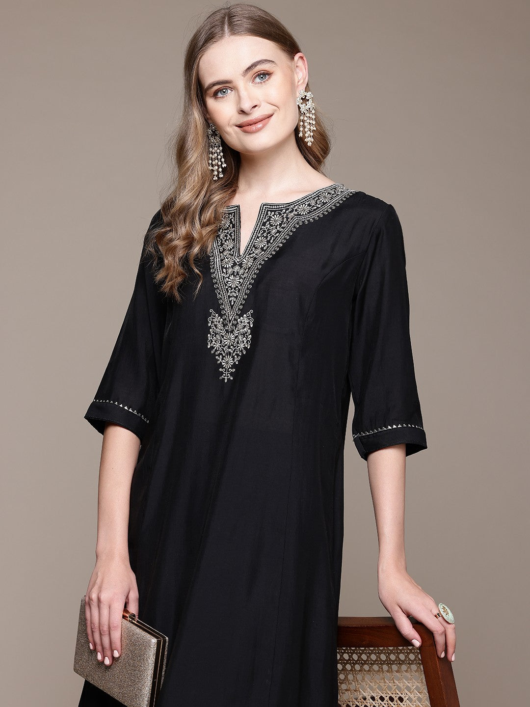 Straight Style Silk Fabric Black Color Kurta With Bottom