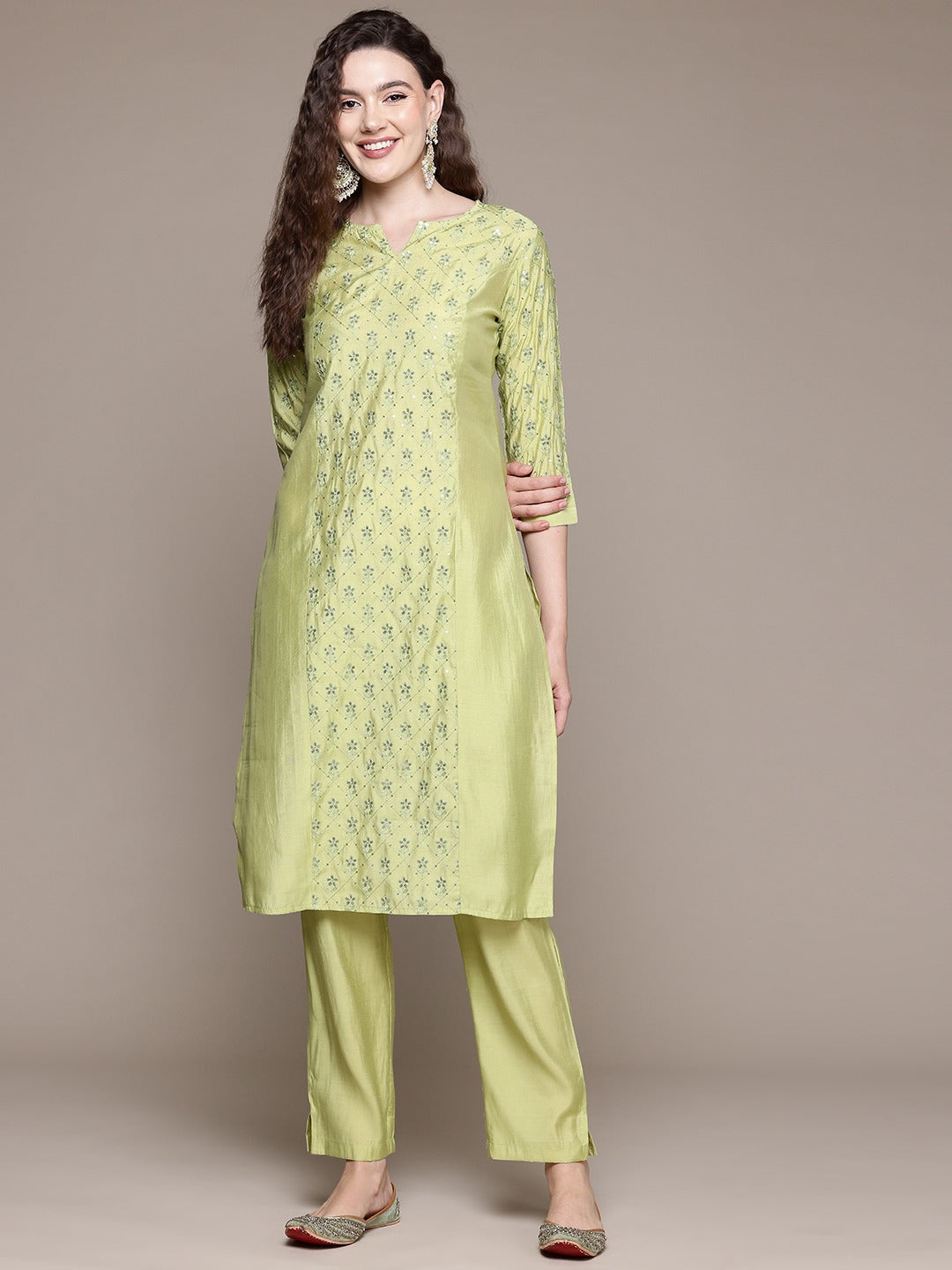 Straight Style Silk Fabric Green Color Kurta With Bottom